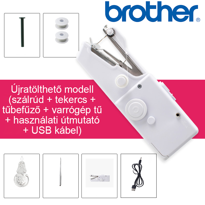 Az újratölthető modell 5 réteg szövetet képes varrni (szálrúd + tekercs + tűbefűző + varrógép tű + használati útmutató + USB kábel)